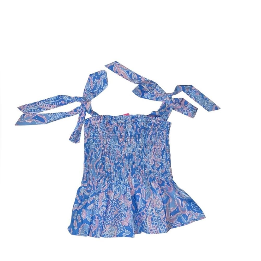 NWT Lilly Pulitzer Rivera Smocked Top In Boca Blue Sea What I Sea SZ XXS
